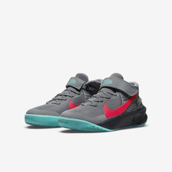 Zapatillas Baloncesto Nike Team Hustle D 10 FlyEase Older Niños Gris Gris Oscuro Turquesa Rojas | NK205EOZ