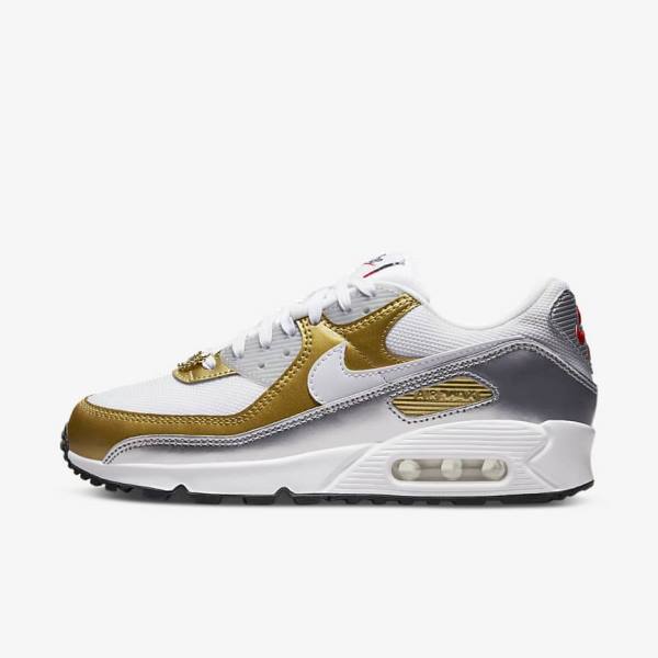 Zapatillas Nike Air Max 90 SE Mujer Blancas Metal Doradas Metal Plateadas Blancas | NK910WUD